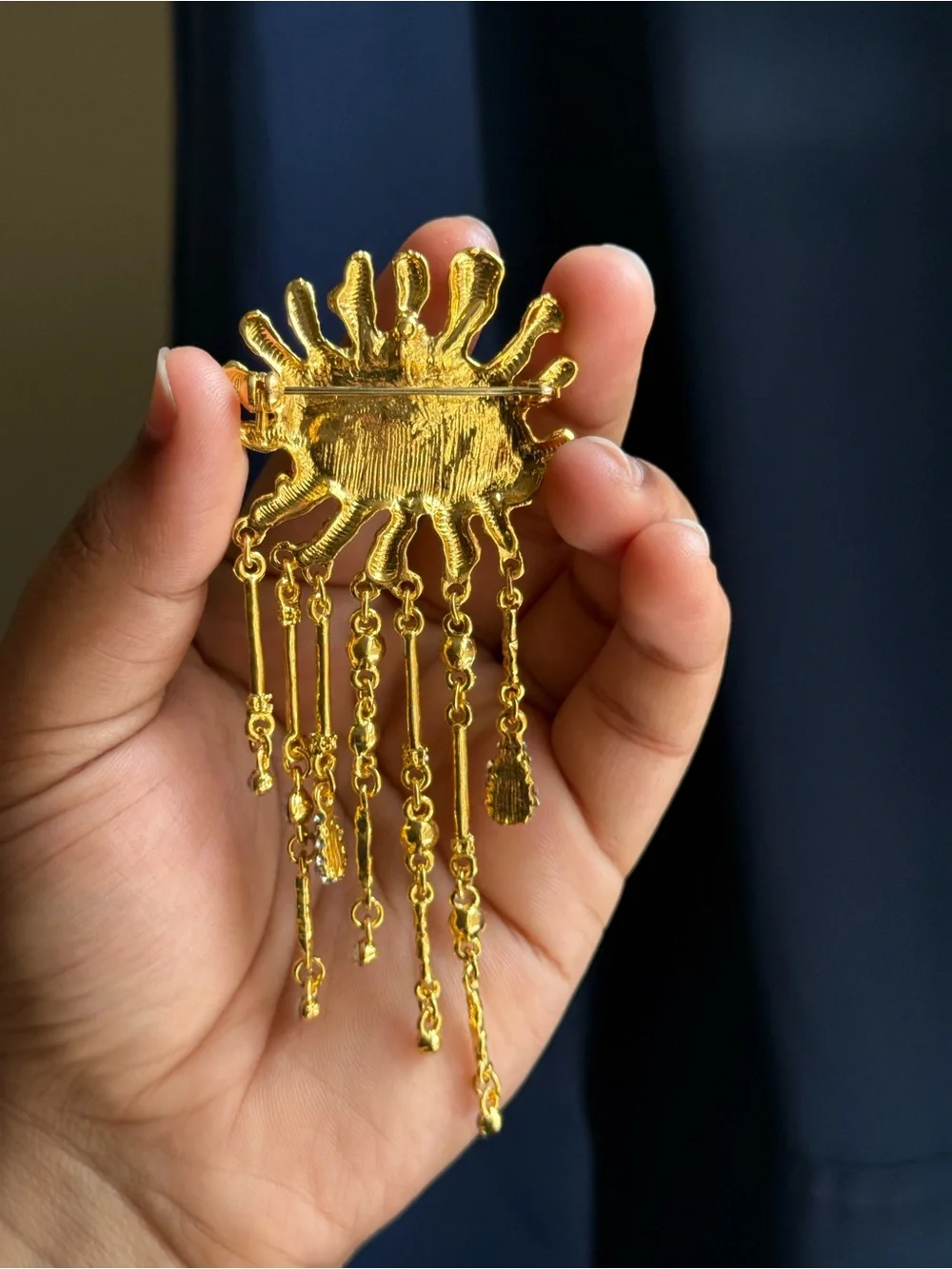 Schiaparelli Inspired Gold Evil Eye Fringe Brooch with Crystal Accents